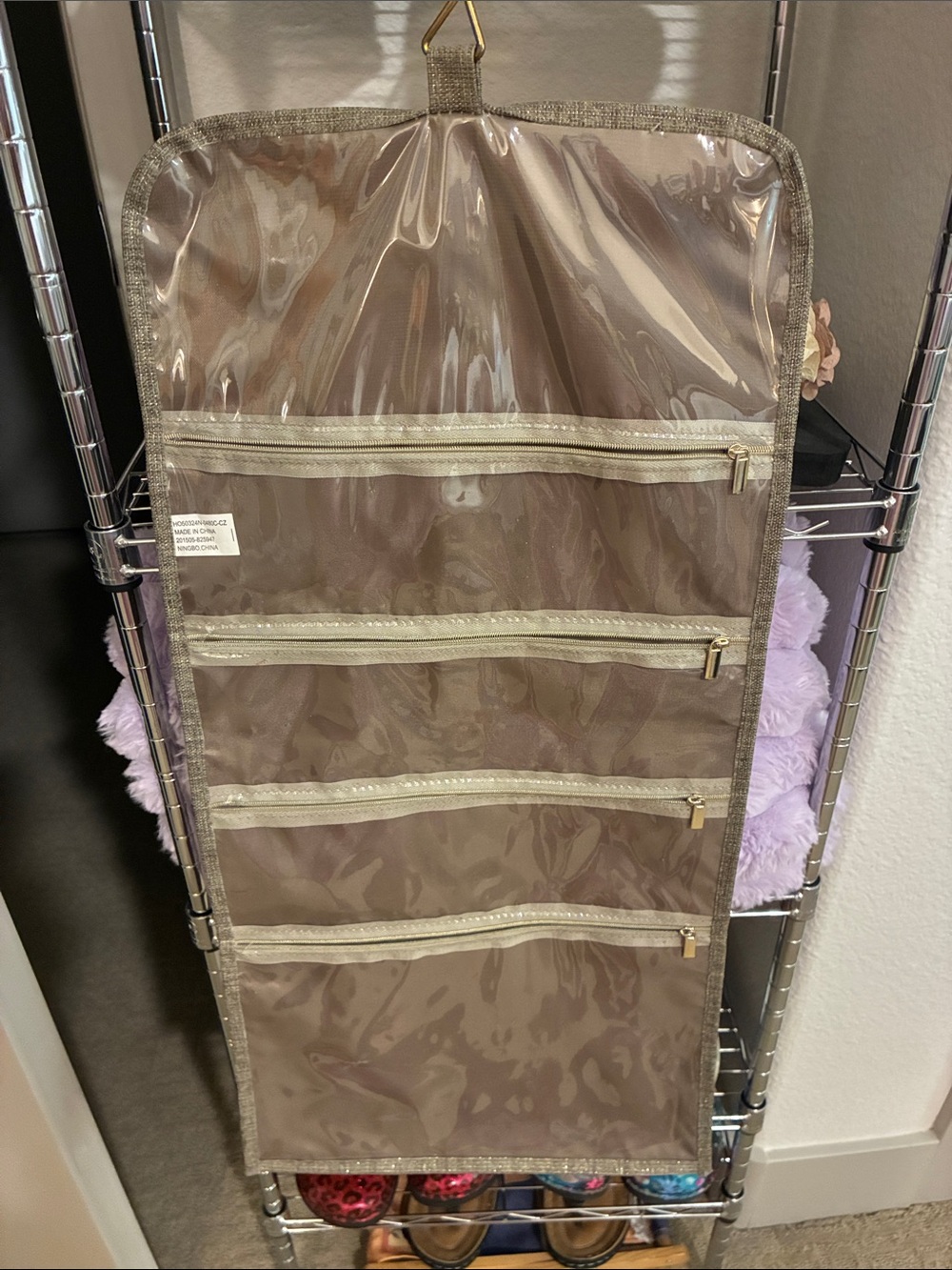 Charming Charlie Taupe Over-the-Door Jewelry Organizer 4 Clear Zip Pockets